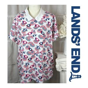 Lands' End Womens Umbrella Red Blue Short Sleeve Polo Golf Tennis Shirt 2X